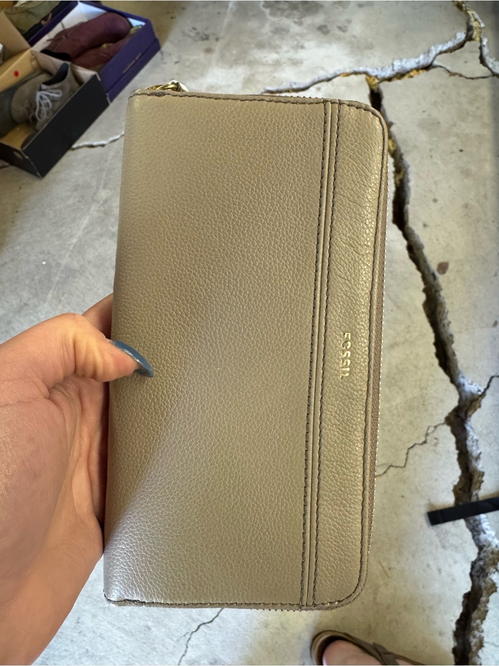 Fossil Taupe Leather Zip Wallet with Gold Logo